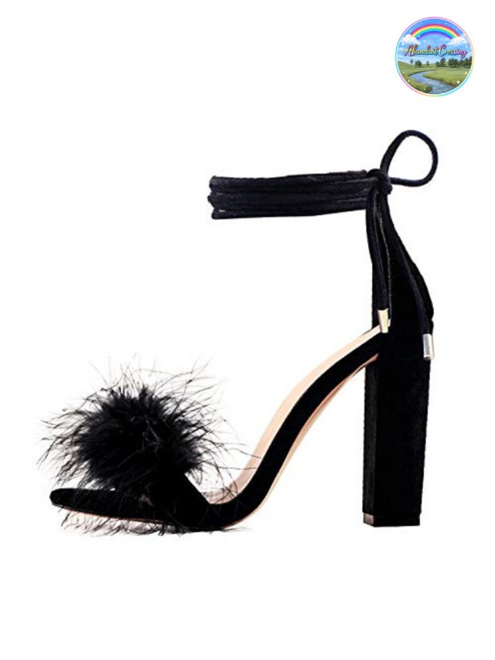 Fuzzy Feather Strappy Block Heel Sandals Vegan Adjustable Ankle